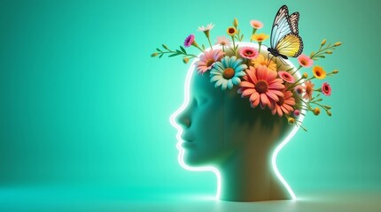 Glowing Head Silhouette Adorned With Colorful Flowers And Butterfly neon glow