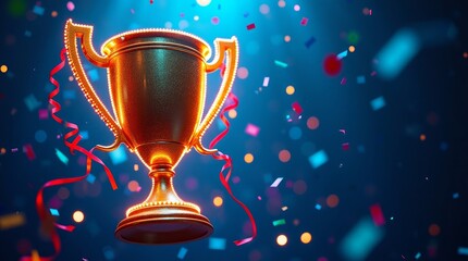 Golden trophy with illuminated rim and red ribbon surrounded by confetti image