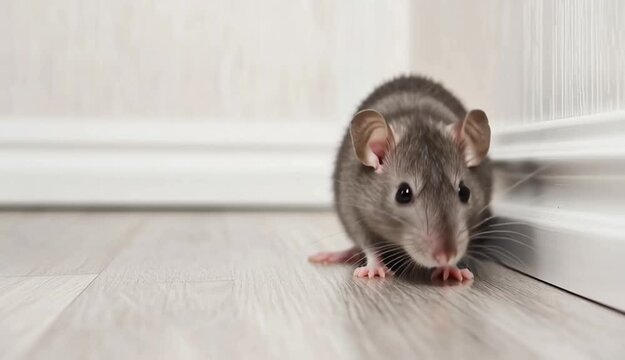 Small grey rat mouse sitting on light wood laminate flooring next to white baseboard trim, home interior, rodent in house corner
