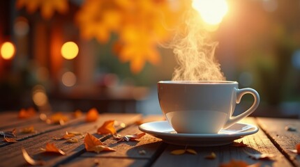 Hot beverage in white cup with steam rising on wooden table with autumn leaves image
