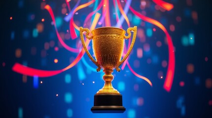 Golden trophy with swirling ribbons and bokeh lights award victory