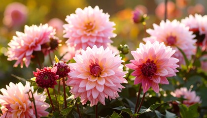 Vibrant pink dahlias blooming in a sunlit garden, surrounded by lush greenery and soft bokeh