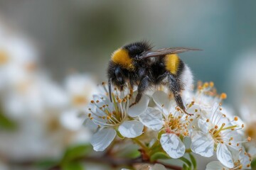 Bumblebee collecting pollen from white flowers in springtime