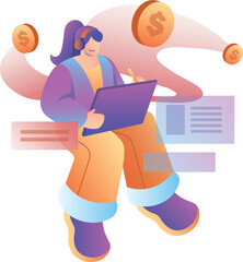 A stylized illustration of a woman working on a digital tablet, surrounded by dollar signs, suggesting financial success through creative work.