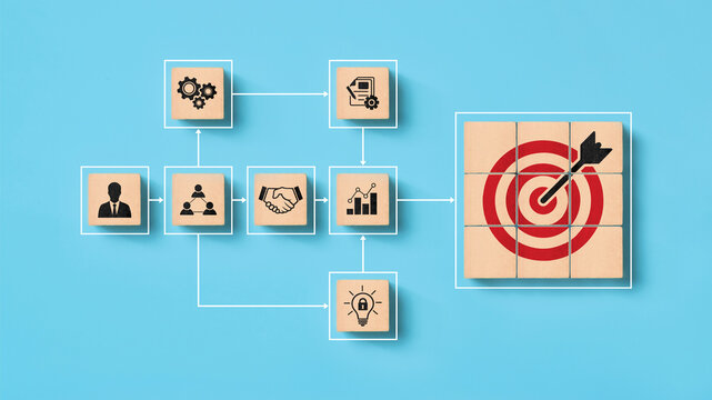 Business goal achievement, workflow and process automation flowchart. Management and organization. Wooden cube block arranging task and project management on blue background