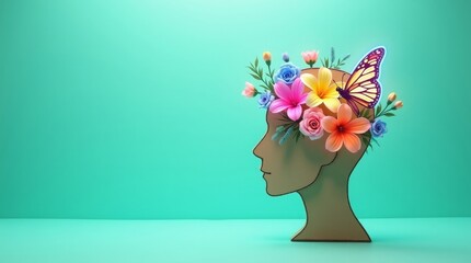 Human head silhouette adorned with colorful flowers and butterfly floral