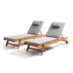 Two light-brown wooden sun loungers with gray cushions
