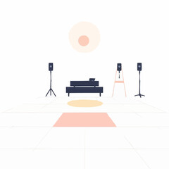 Minimalist living room with sofa and audio speakers in light colors  