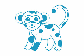 Cute Blue Monkey with Spotted Design on White Background, Cartoon Style