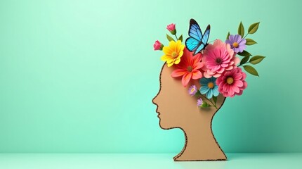 Human profile adorned with vibrant flowers and butterfly head silhouette