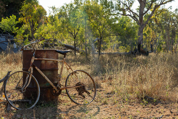 An old bicycle in the Australian bush, rusty and abandoned.
