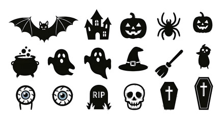 Fototapeta premium Spooky Halloween Icon Set A Collection of Black Silhouettes for Halloween Decorations Designs and Festive Featuring Bats Pumpkins Ghosts 