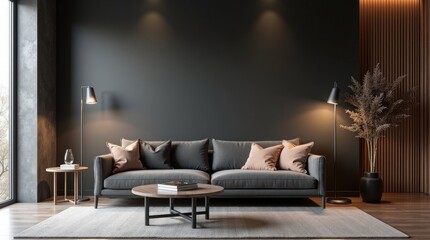 Modern living room with gray sofa and warm lighting plush pillows coffee table