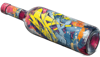 A stylized bottle of wine with vibrant graffiti art