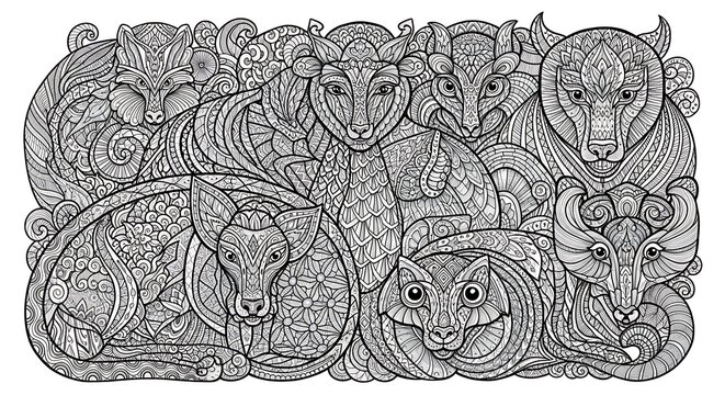Detailed Zentangle Forest Animals Illustration.