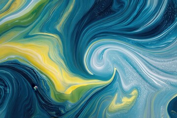 Fototapeta premium Abstract marbling design with swirling blue, yellow and white fluid textures forming dynamic organic psychedelic wave pattern