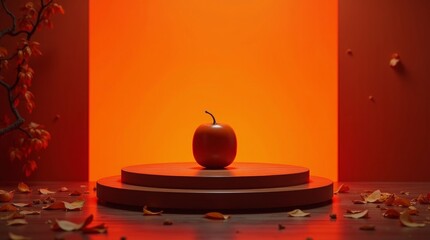 Red apple on wooden pedestal with autumn leaves fall