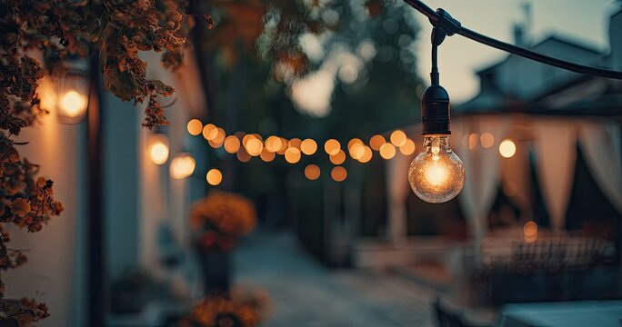 Outdoor patio string lights at dusk