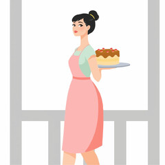 Young woman in apron carrying cake on tray indoors  