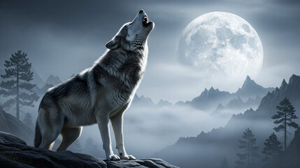 Gray wolf howling at a bright full moon over misty mountains and dark forest at night