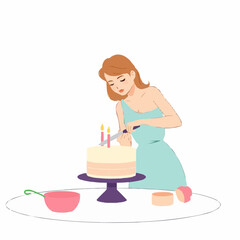 Young woman decorating birthday cake with candles on table  