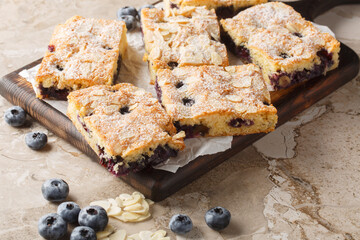 Blueberry cake with a nutty almond taste and juicy blueberries in every bite closeup on the wooden board on the table. Horizontal