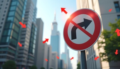  Urban traffic sign with futuristic red arrows in modern city 
