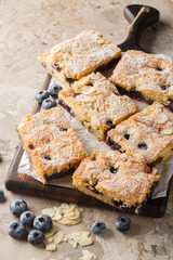 Soft and moist blueberry almond cake closeup on the wooden board on the table. Vertical