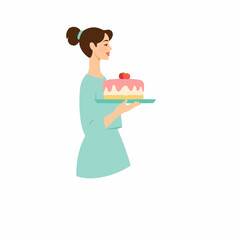 Woman holding a cake on a plate while smiling in a modern kitchen  
