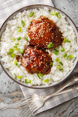 Hawaiian shoyu chicken is flavored with garlic and ginger and simmered until incredibly tender served with cooked rice closeup on the plate on the table. Vertical top view from above
