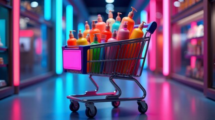 Shopping cart filled with colorful bottles in neon lit aisle neon lights
