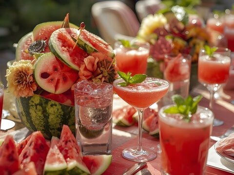  Vibrant Summer Table with Watermelon Decor,
Fresh Watermelon Cocktails with Fruit Centerpieces,
Watermelon Carving Decorations and Drinks Display,