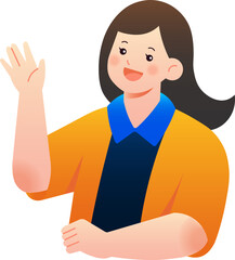 Cheerful young woman waves hello, friendly cartoon illustration.