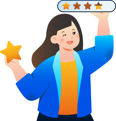A happy cartoon woman winks while holding a golden star and a three-star rating bar, illustrating customer feedback.