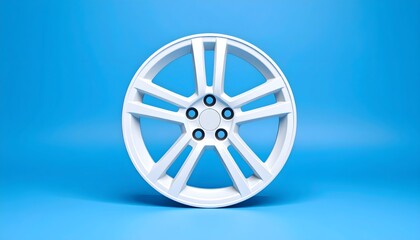 Fototapeta premium Clean white car alloy wheel on blue background