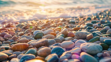 Obraz premium Vibrant beach stones by water in warm evening glow