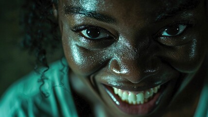 Fototapeta premium Black woman with wicked grin in dramatic cinematic light