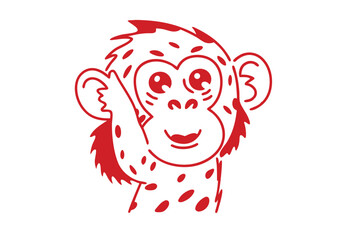 Cheerful Monkey with Hand Up Cartoon Red Monkey on White Background