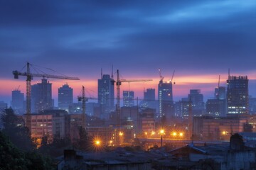 Naklejka premium Future cityscapes: digital highlights on construction growth and issues. Future projections. Industry growth in 2025: contractors overcome labor challenges. Service insights. Rising costs.