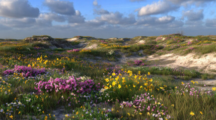 colorful wildflowers carpeting abandoned battlefield trench serene dawn sky nature reclaiming panoramic view illustration concept scene visual for commercial design use high detail quality stock image