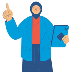 A professional Muslim woman in a hijab and blue jacket points up with an idea while holding a tablet.