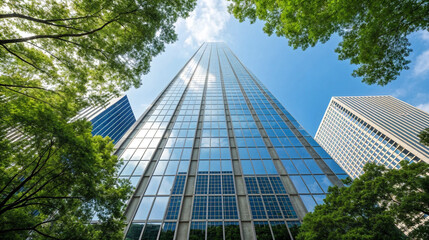 Tall Modern Glass Skyscraper with Reflective Windows Surrounded by Green Trees