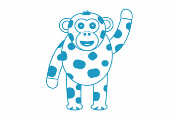 Cheerful Cartoon Monkey with Blue Spots Waving Hand on White Background
