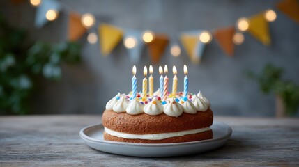 Colorful birthday party setup with cake confetti and gifts