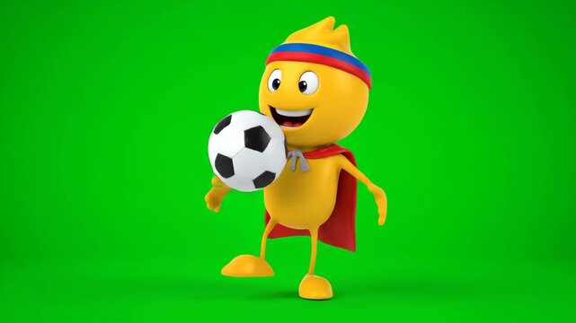 Colombian Mascot Juggling Soccer Ball - A cheerful yellow cartoon mascot, wearing a Colombian-themed headband and cape, playfully juggles a soccer ball against a green screen.