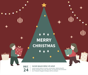 Christmas illustration card template with christmas tree and ornaments.