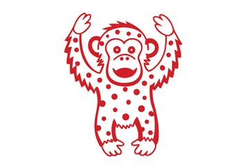Cartoon Red Monkey with Spotted Fur and Raised Arms on White Background