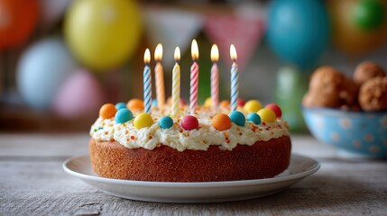 Close up of birthday cake with glowing candles and bokeh lights