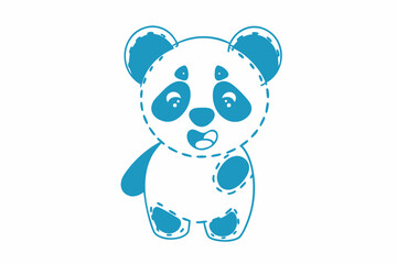 Cute Blue Panda Standing With Stitched Details on a White Background Art