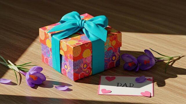 A beautifully wrapped present for Dad with a handmade card and purple crocus flowers on a sunlit wooden table. - Powered by Adobe